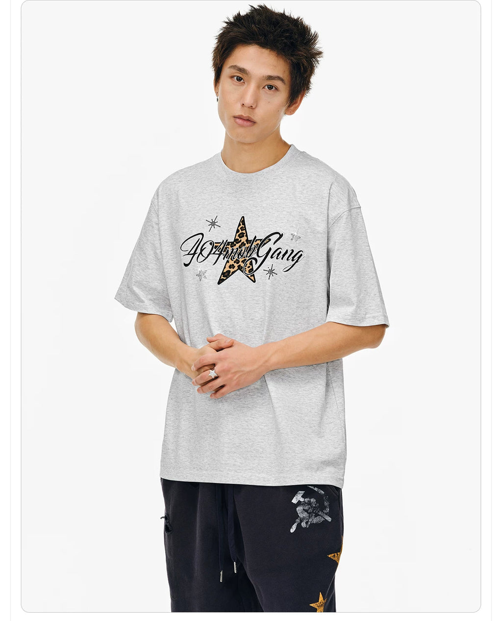 404MOB Leopard Print Star Hot Diamond Embroidery Tee