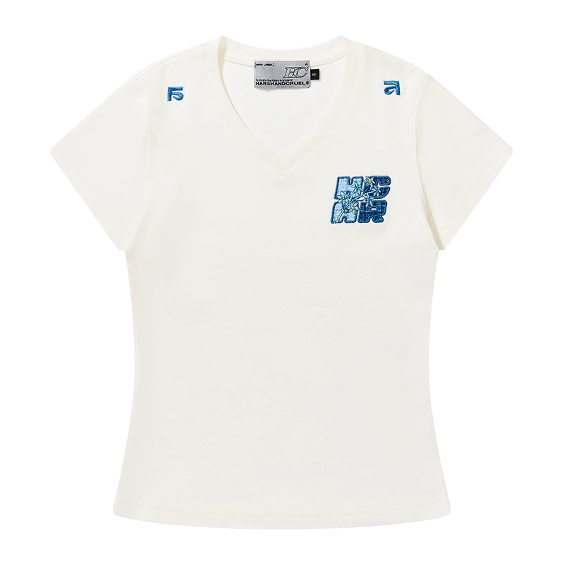 HACR Childlike Elastic Slim V-neck Short-sleeved T-shirt for Women