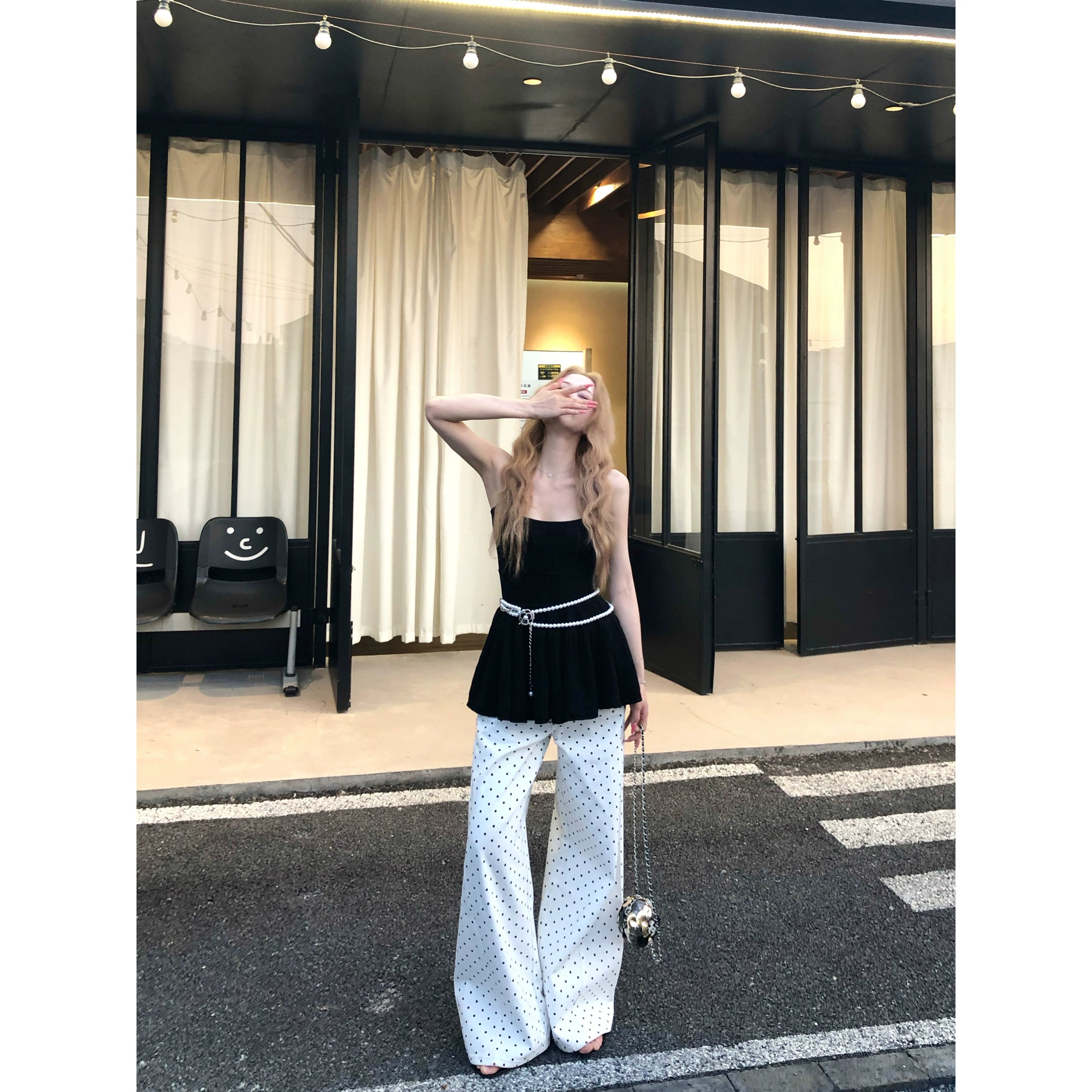 Barb Chill Suspender Top Polka Dot Wide Leg Pants Set