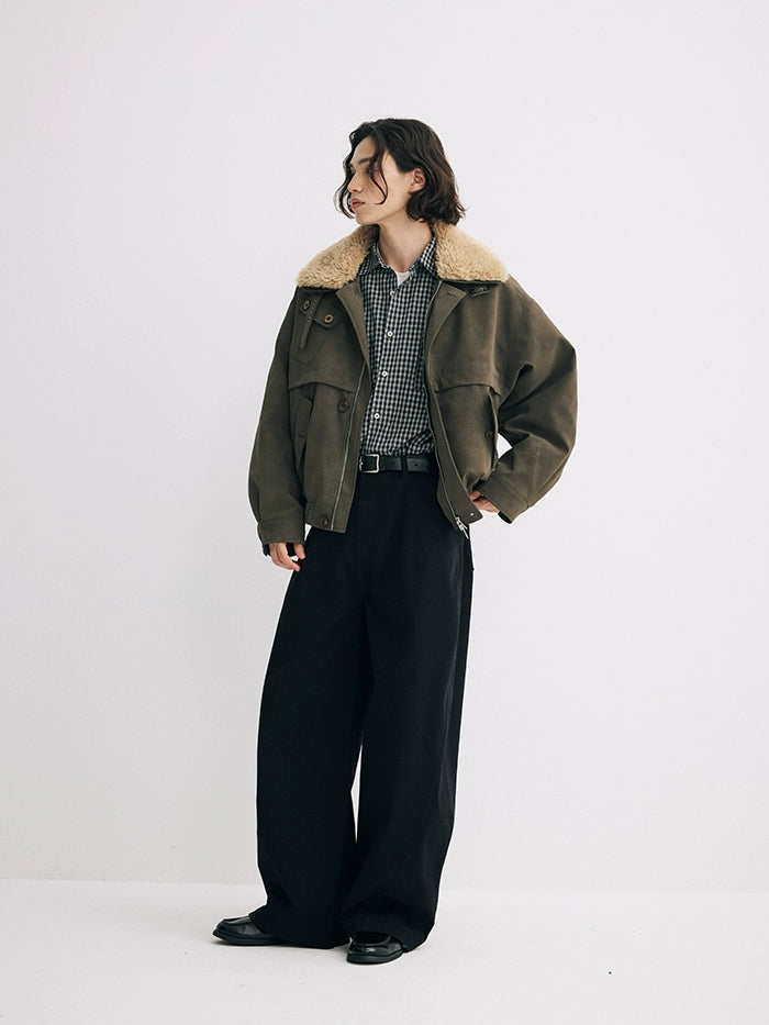 CARPEM Vintage Matte Fur Collar Padded Leather Jacket