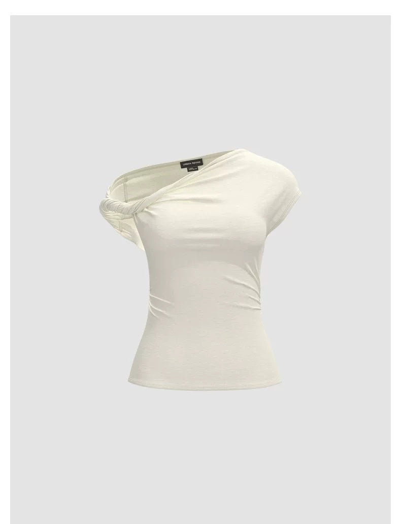 URBAN REVIVO Temperament Versatile Slanted Shoulder Collar Pleated Waist Tee
