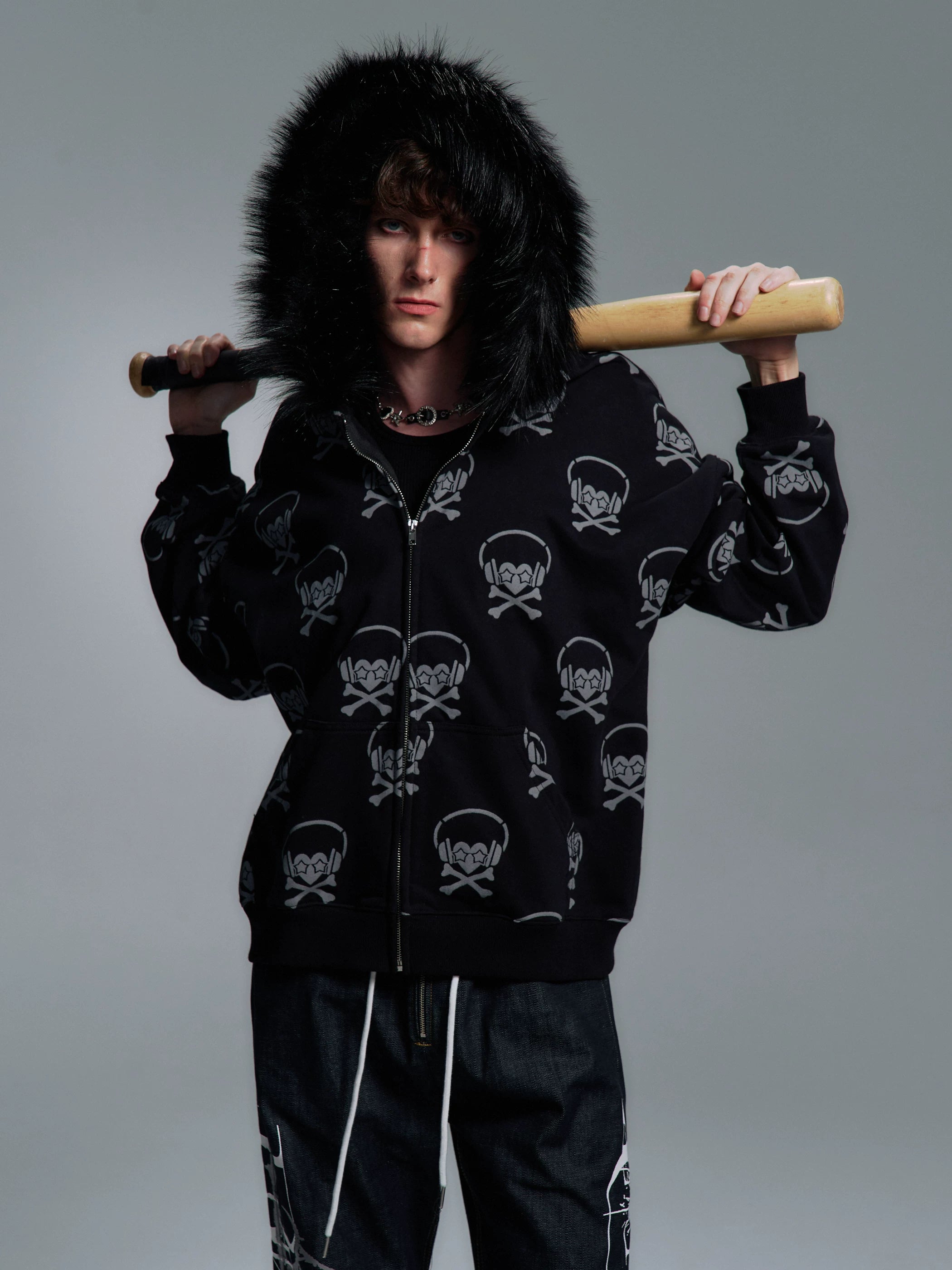 PAIKI Full of Headphones Skull Fur Collar Jacket