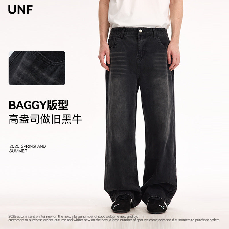 (Clearance) UNF 13.5oz Blockbuster Washed Old Cat Whiskers Baggy Bull Wide Leg Black Jeans