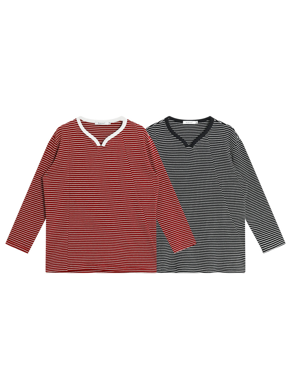 FUNKYFUN Pinstripe Hemming Curved Neckline T-shirt