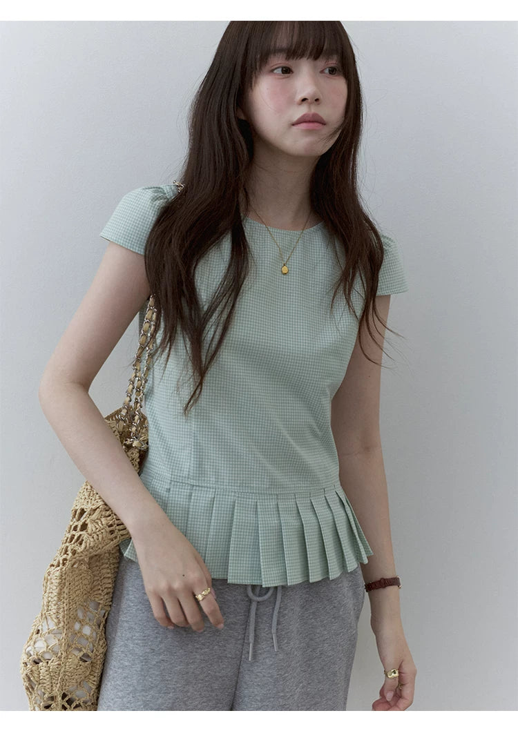 VOOE Contrast Checked Pleated Crew Neck Shirt