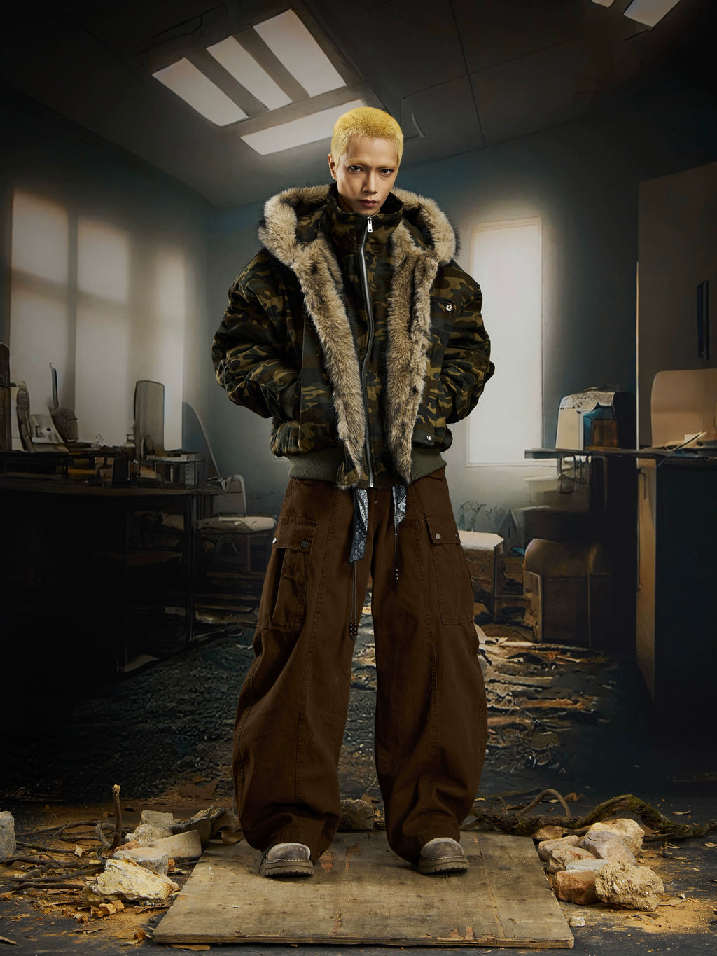 NOMANIAI Camouflage Stand-up Collar Hooded Flight Jacket