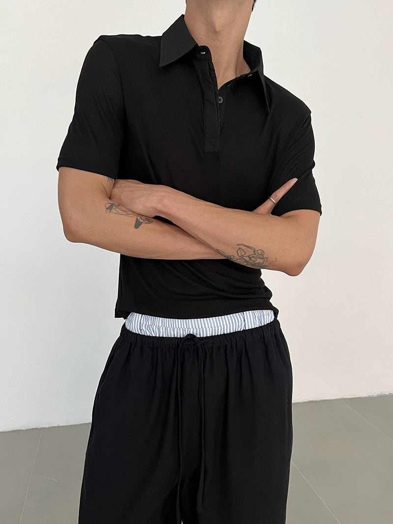 COLN Loose Micro-transparent Splicing Short-sleeved Polo Shirt