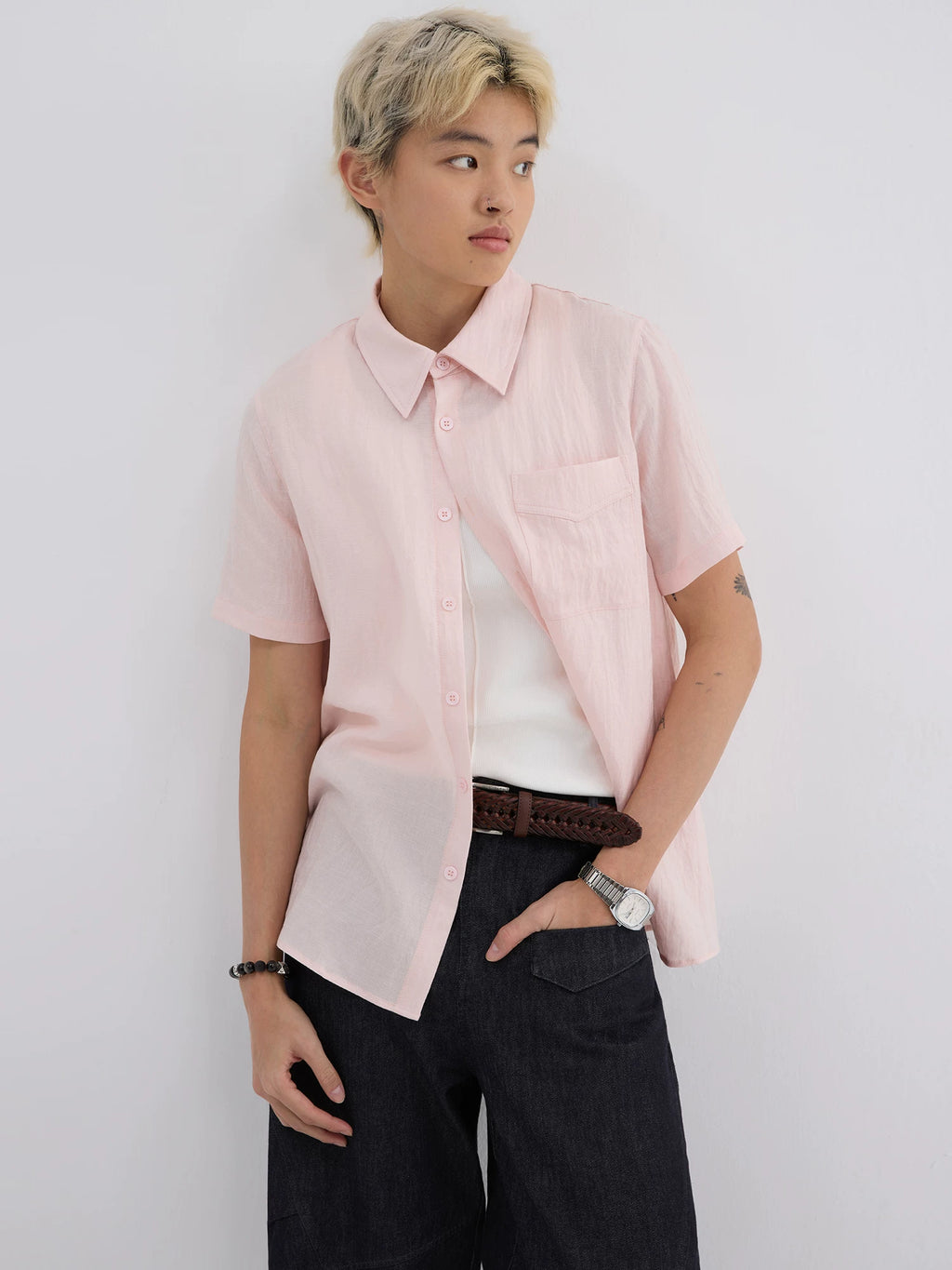 Sameuoo Detachable Collar Casual Short-sleeved Shirt