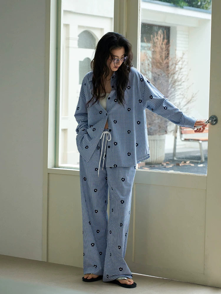 YUENEI Cotton Long Plaid Cardigan Set Pajamas