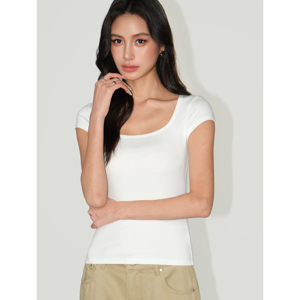 NEVA HU Simple Square Neck Straight Shoulder Thin Tee