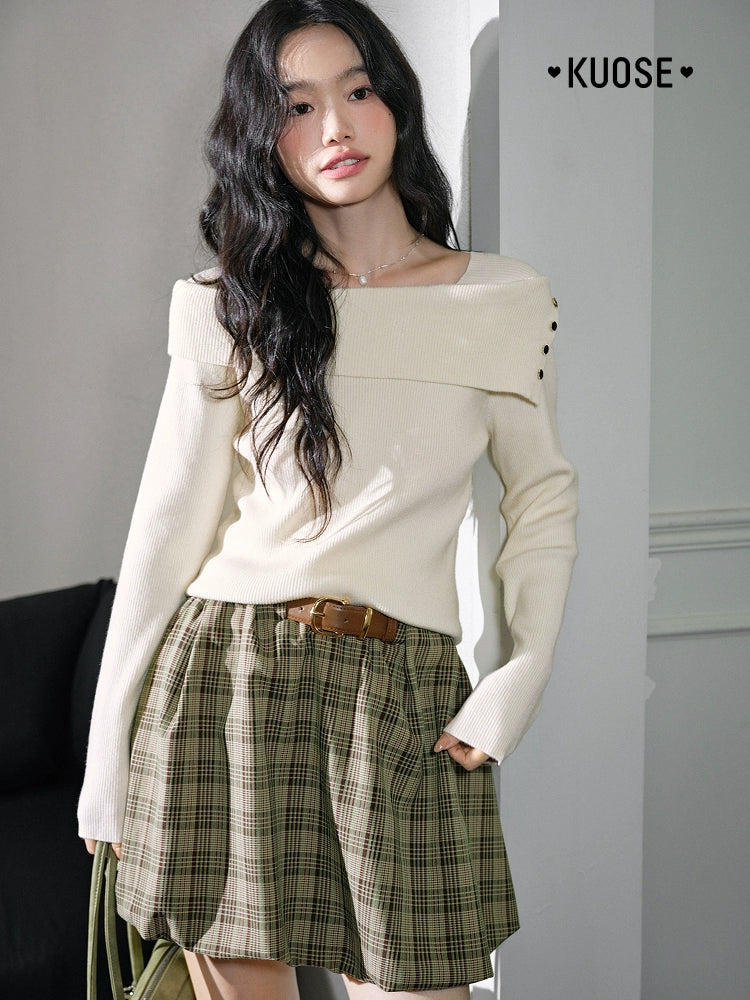 Kuose One-word Shoulder Thin Long-sleeved Knitted Sweater