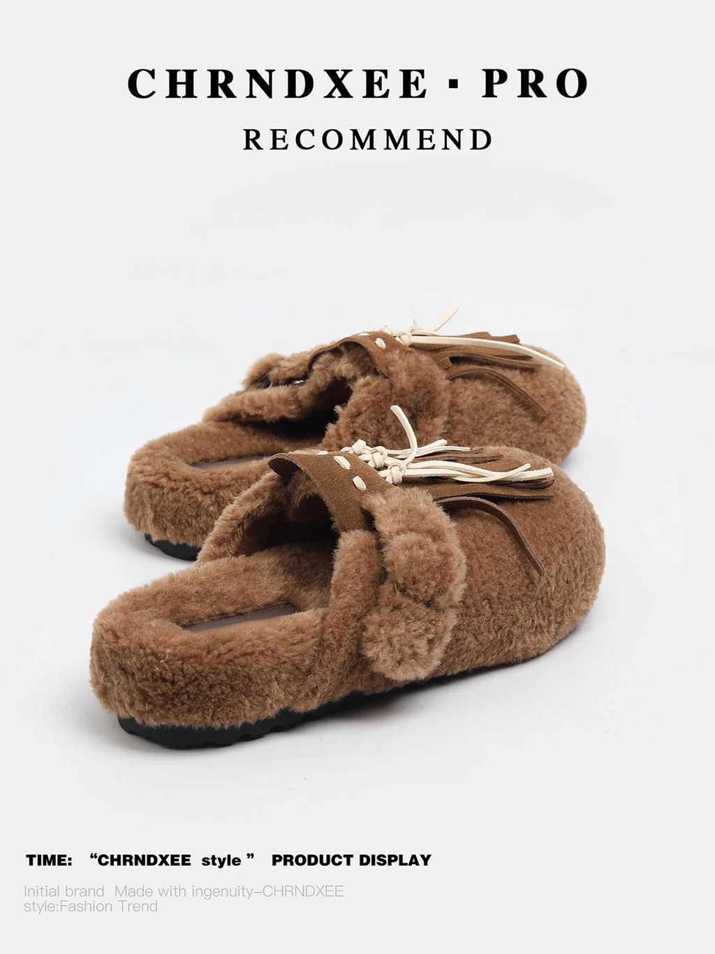 CHRNDXEE Leather Fringed One-pedal Flat-soled Fluffy Shoes