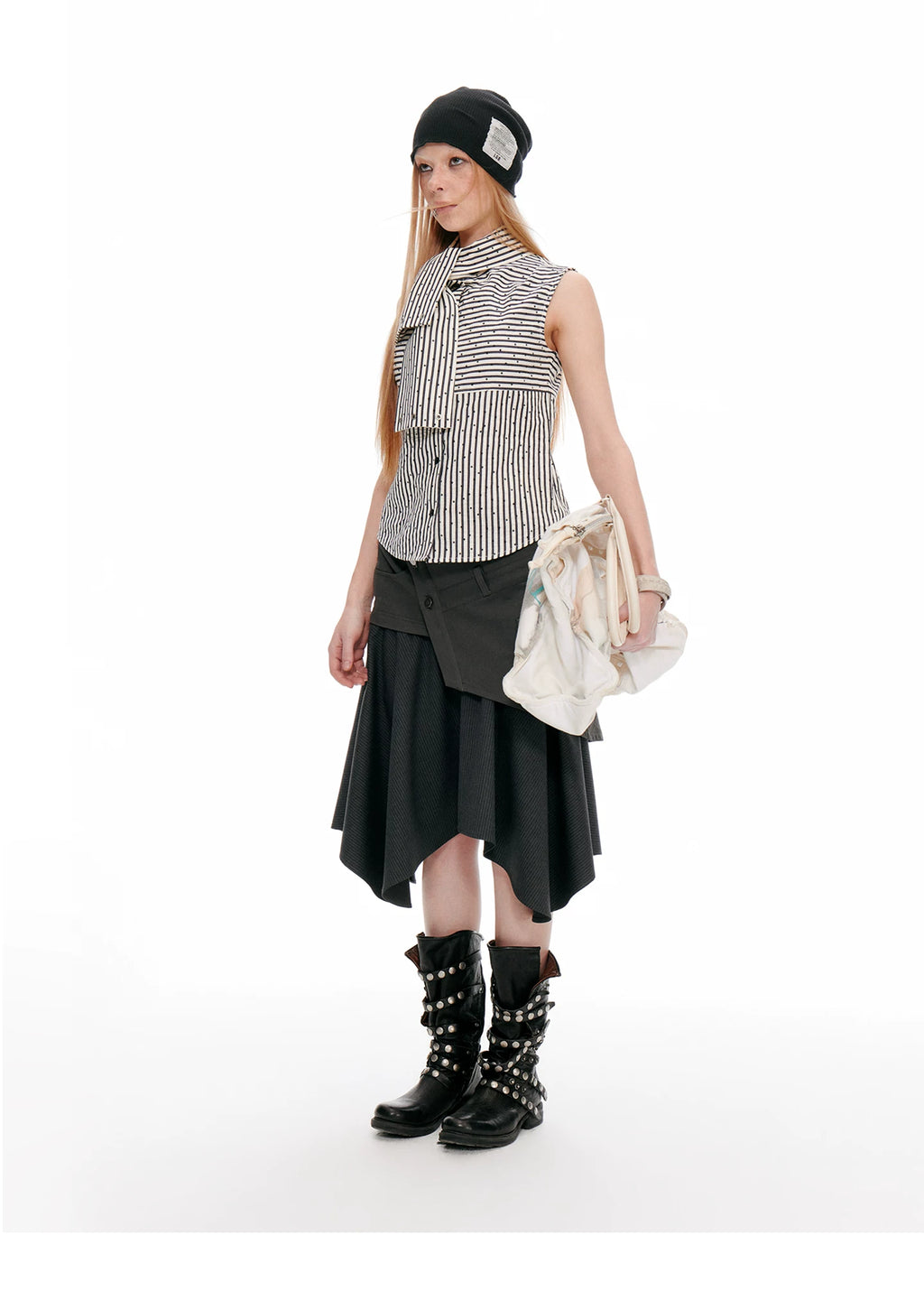JIKOO Striped Polka Dot Patchwork Streamer Sleeveless Tee