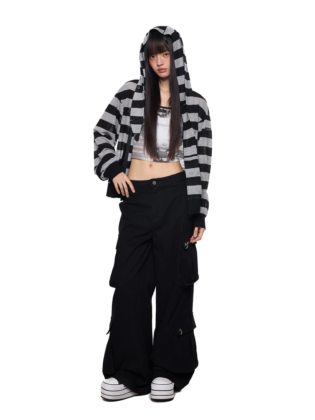 EZEK Rabbit Ear Striped Hooded Light Long-sleeved Cardigan
