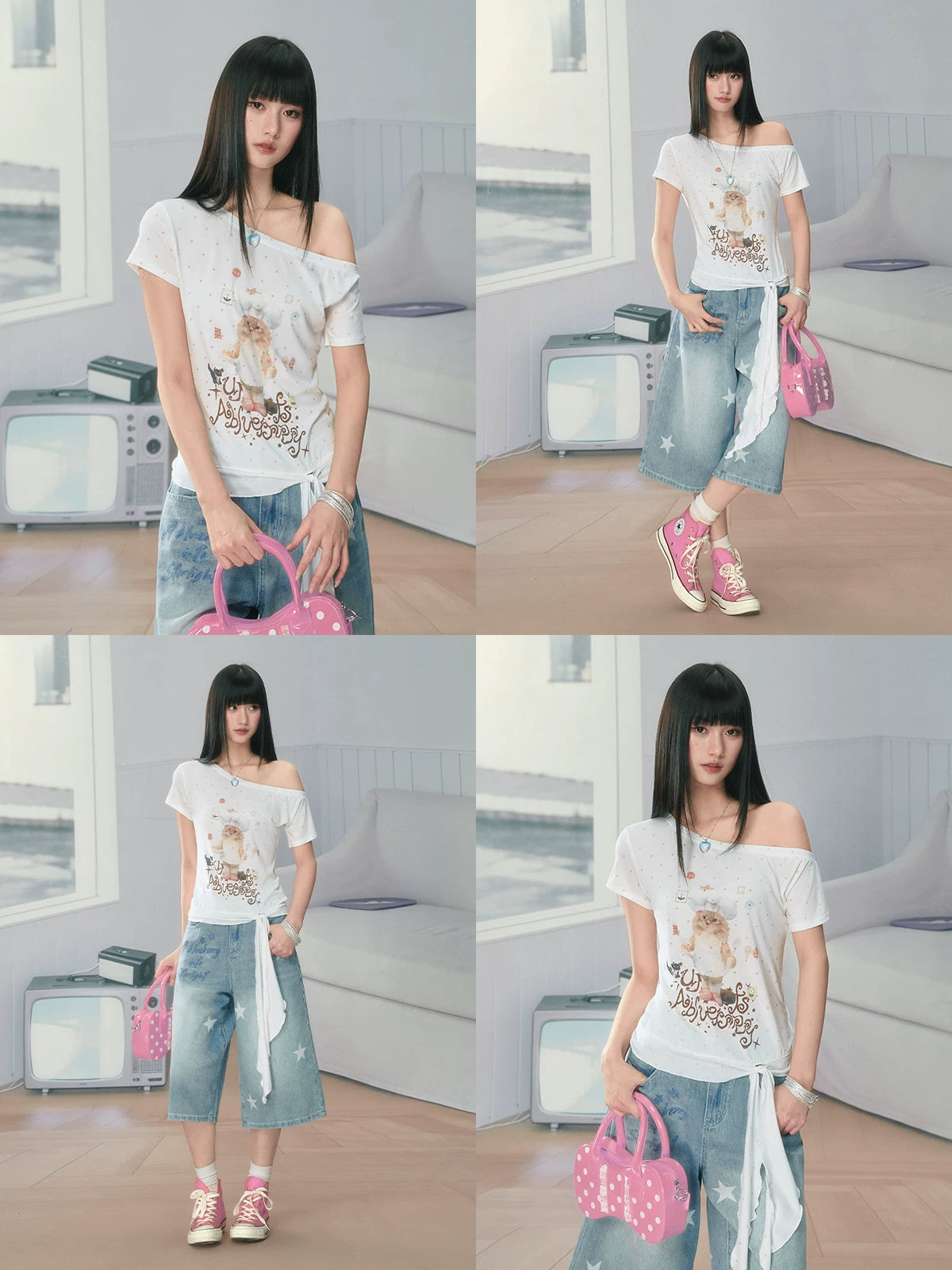 Ablueberry Cat Polka Dot Slanted Shoulder Tee