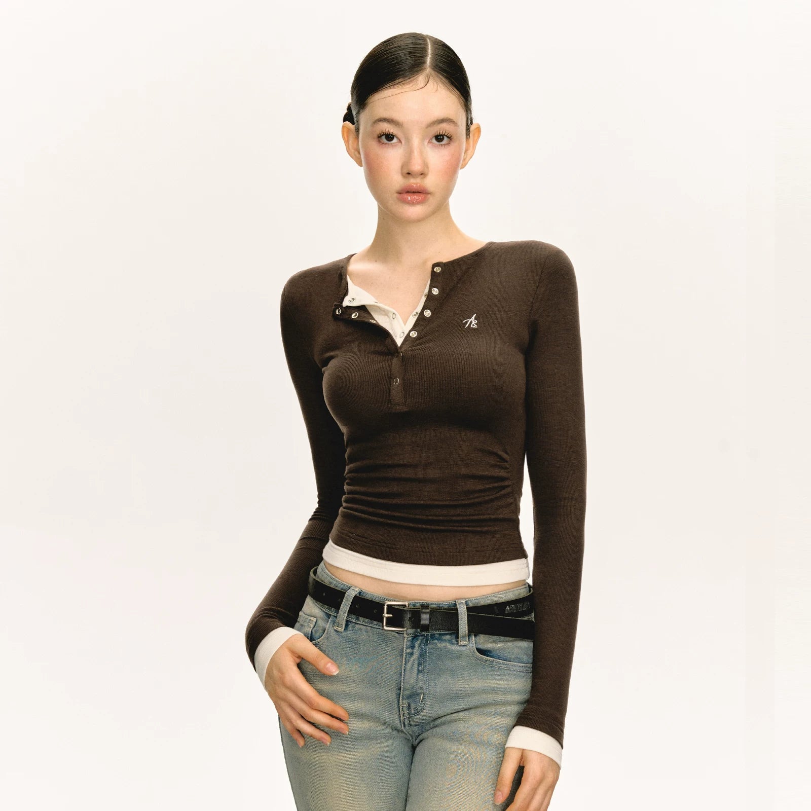 Ariseism Henry Collar Slim-fit Knitted Fake Two-piece Long Sleeve