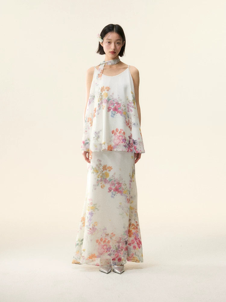 LOUMUTAKU Flower Waterprint Lazy Suspender Dress