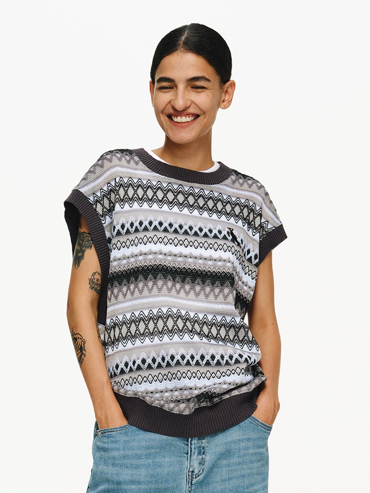 ATRY Retro Color Matching Striped Knitted Hollow Vest