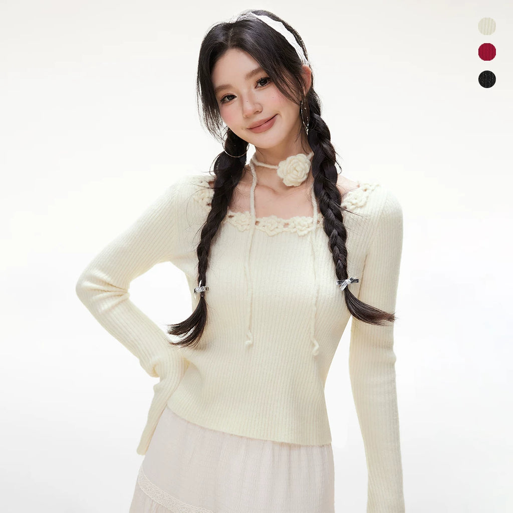 Imone U Neckline Three-dimensional Rose Decorative Long Sleeve
