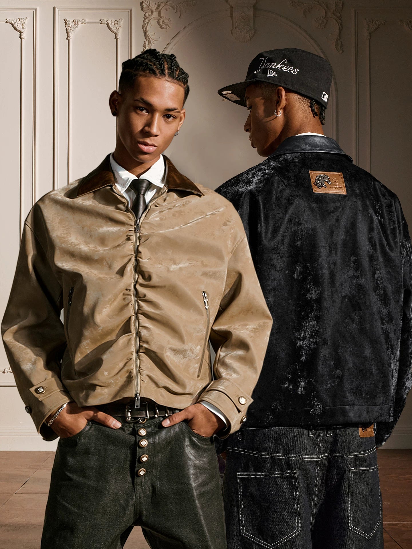 YADcrew Real Sheepskin Collar Pleated Velvet Leather Lapel Jacket