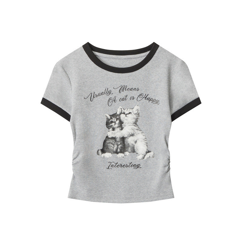 Nariele Kitty Print Pleated Slim Tee
