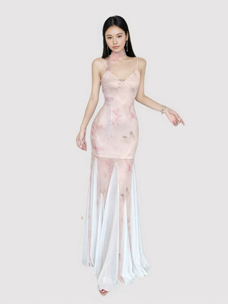 FUNOFF Backless Scarf Suspender Fishtail Dress
