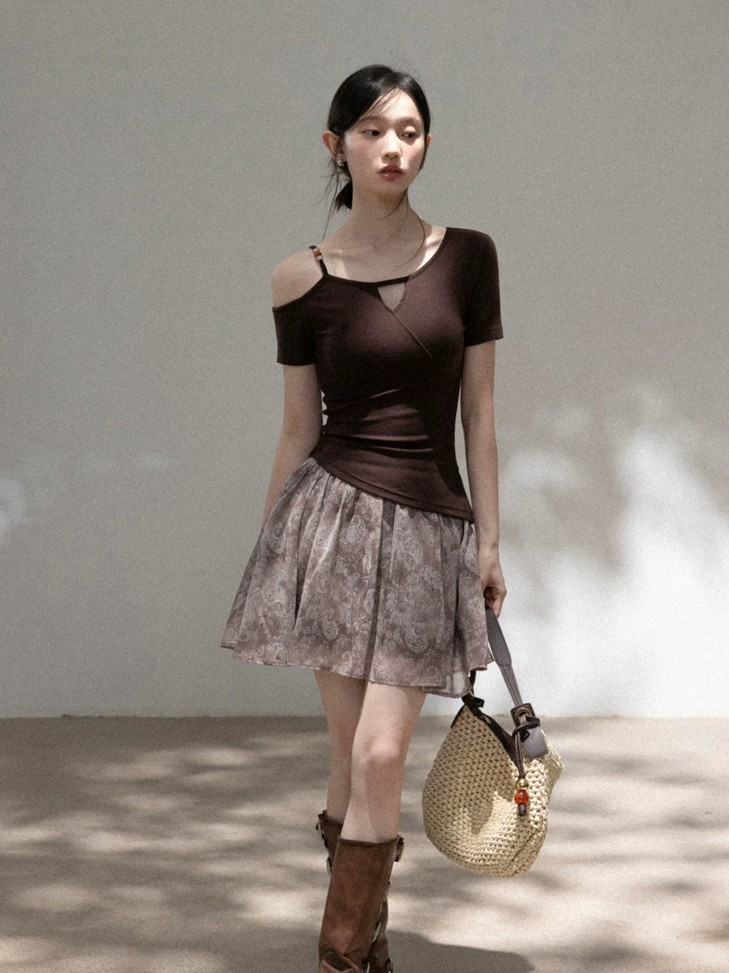 Cantonstory Slanted Shoulder Beaded Slim Tee Skirt Set