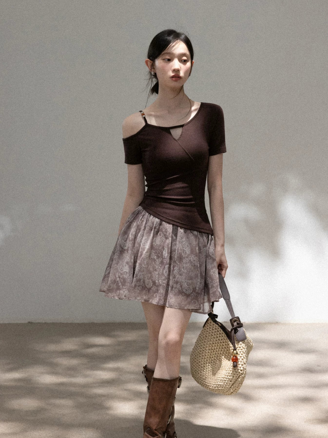 Cantonstory Slanted Shoulder Beaded Slim Tee Skirt Set