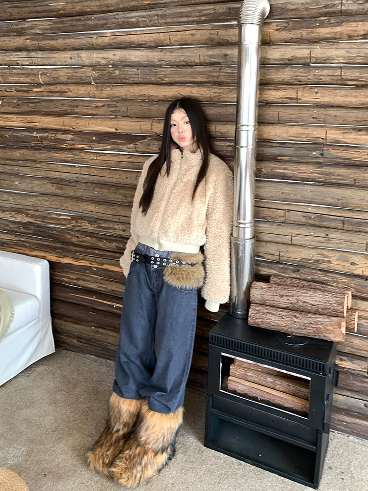 EAHO Stand-up Collar Lamb Wool Short Cotton-padded Coat