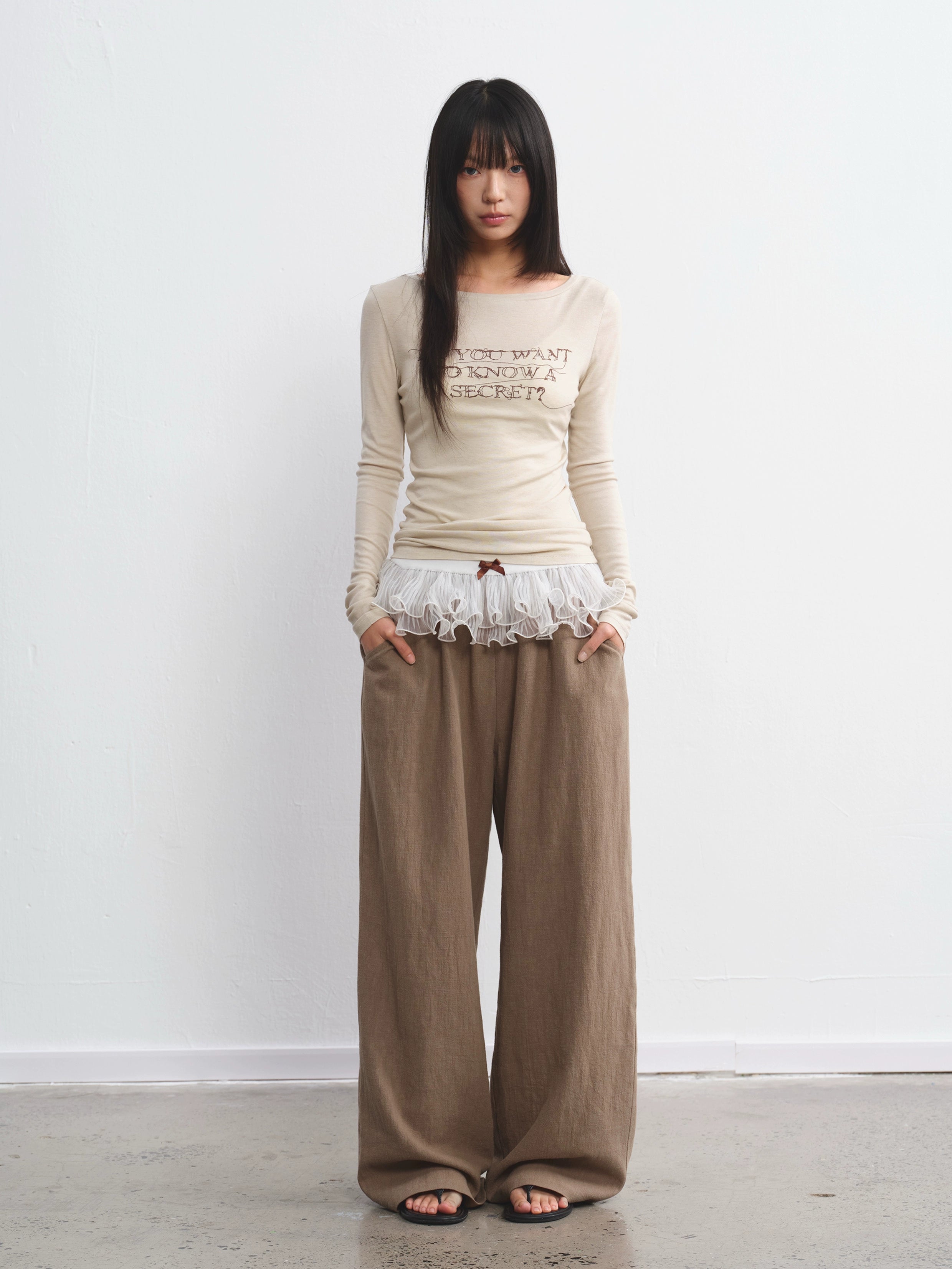 LINY LIBERTY Vintage Contrasting Color Ruffle Edge Loose Straight Casual Pants