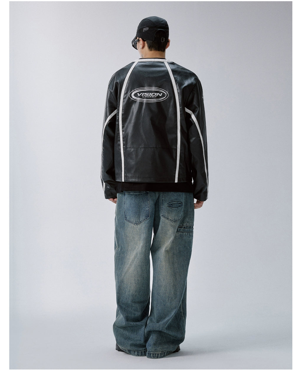 F2CE Embroidered Vintage Striped Stitched Loose Leather Jacket