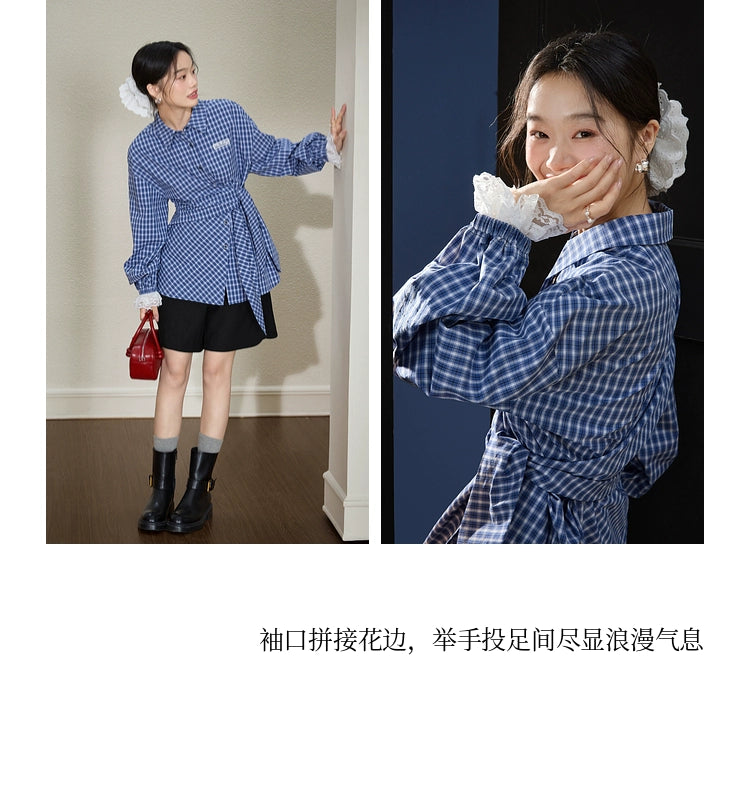 Kuose Lace Patchwork Waist Plaid Shirt