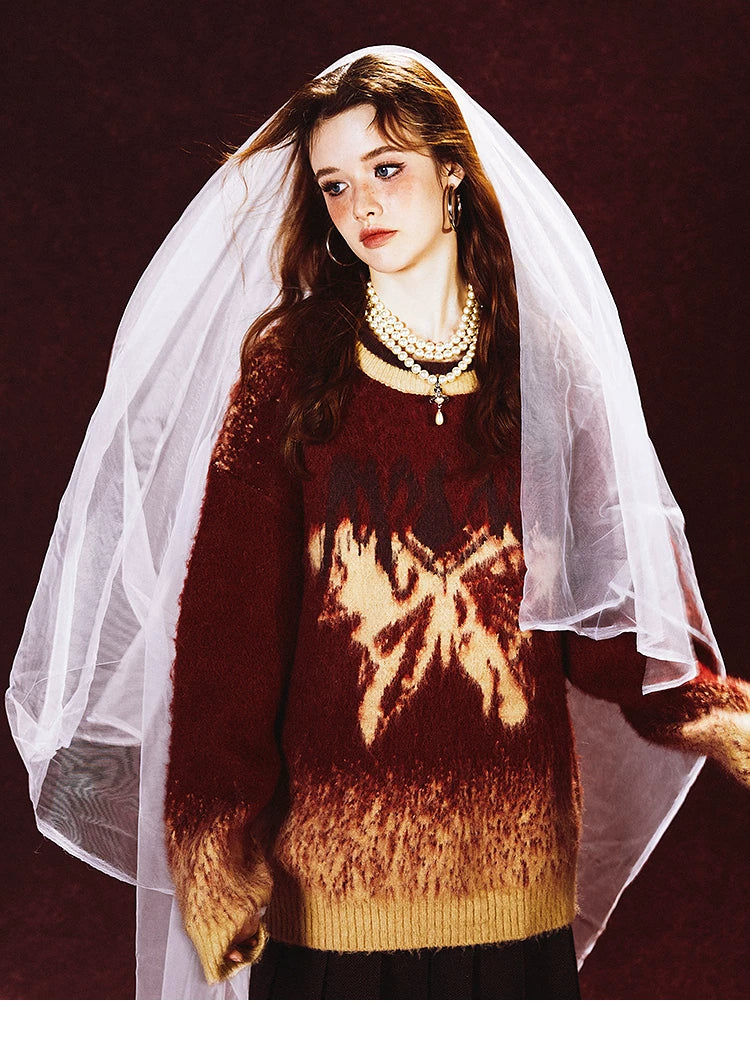 Imone Retro Gradual Change Splash Ink Butterfly Jacquard Sweater