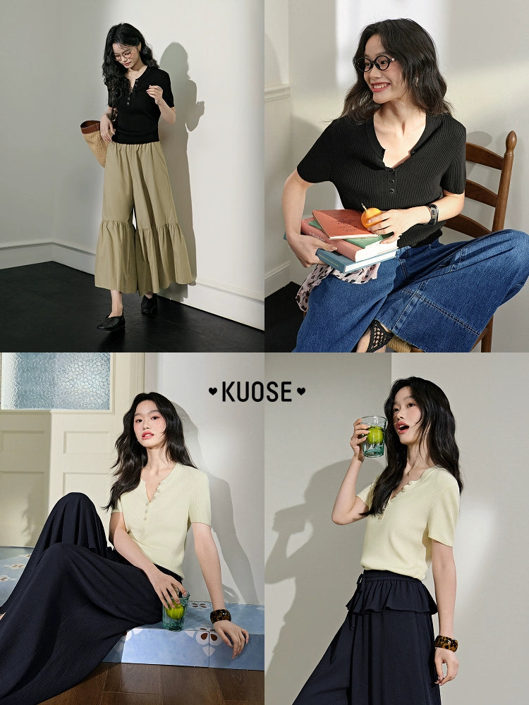Kuose Temperament Slim V-neck Knitted Sweater Tee