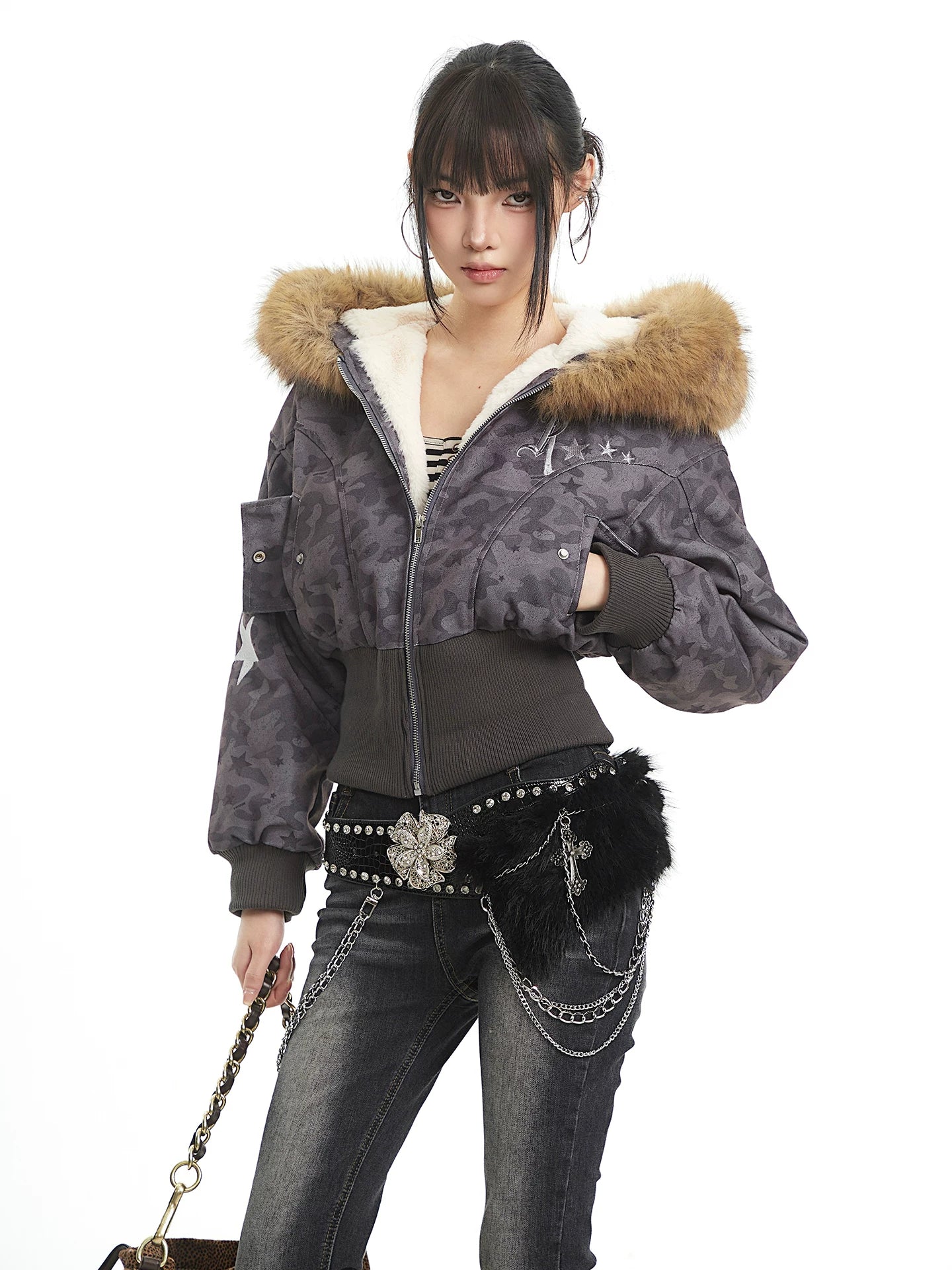 UNCMHISEX Vintage Camouflage Fleece Collar Fleece Waist Short Jacket