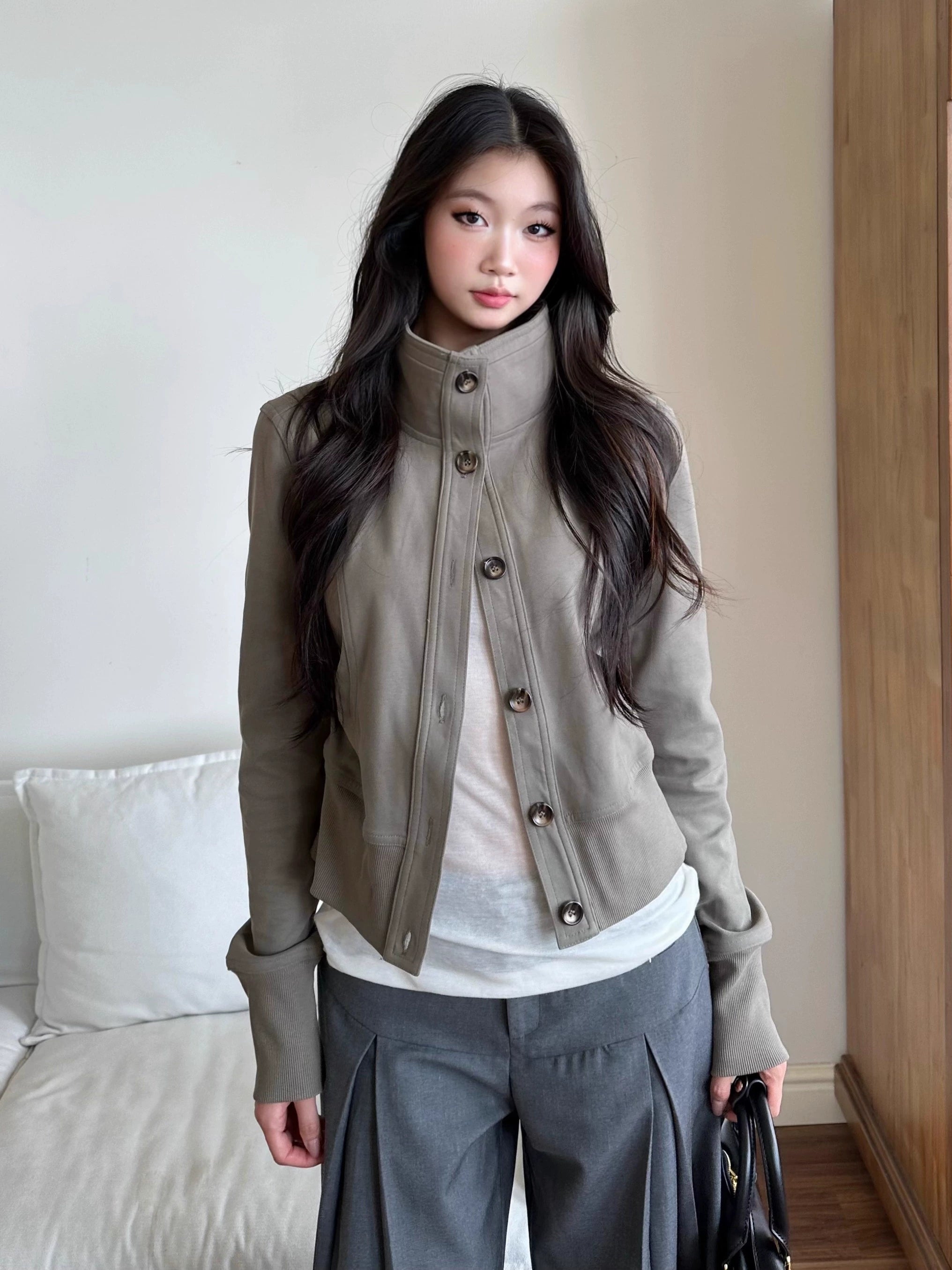 WITHMIN Slim Short Casual Versatile High Neck Long Sleeve