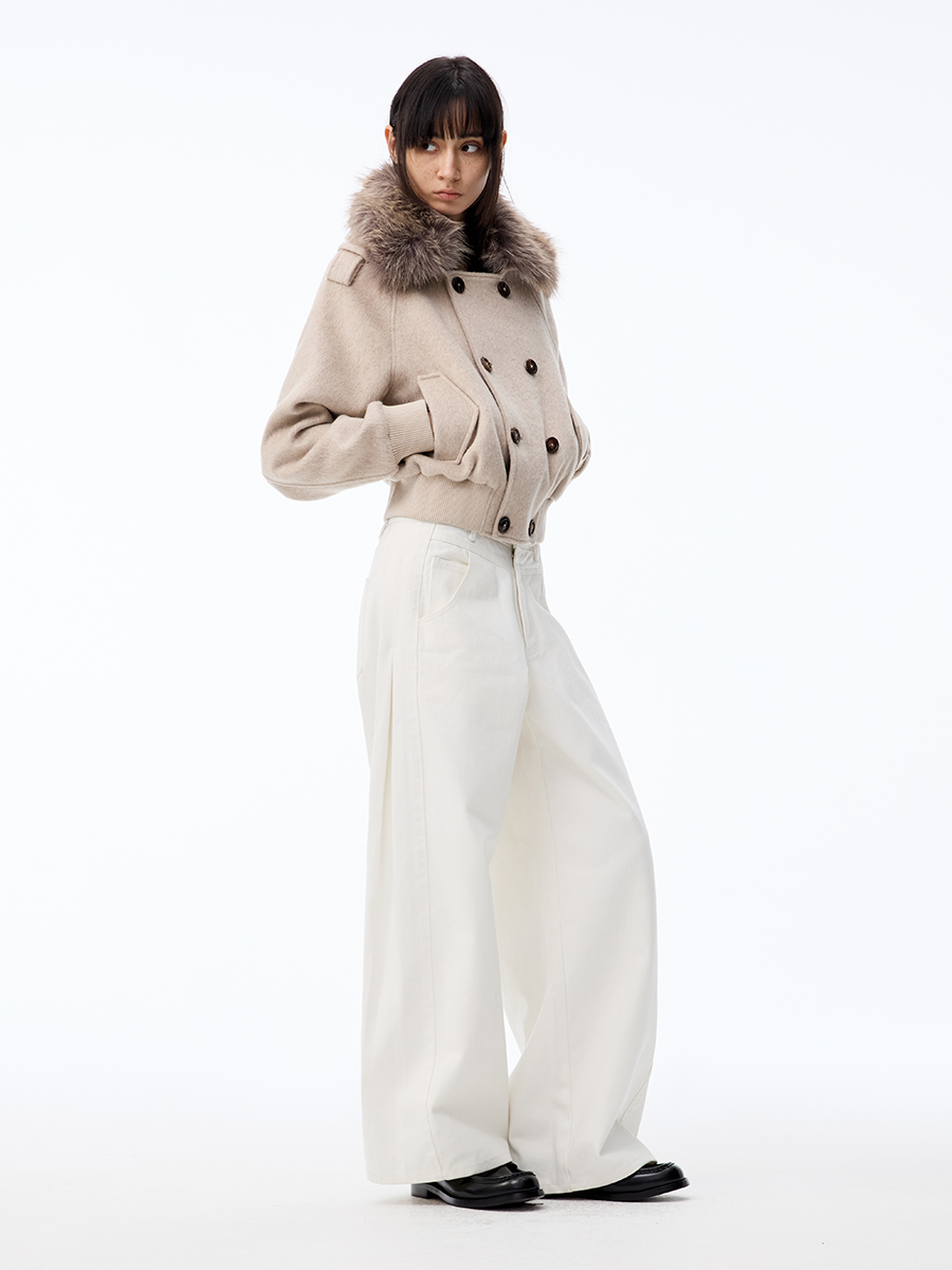 JCAESAR WOMEN Removable Fur Collar Double-breasted Short Woolen Coat