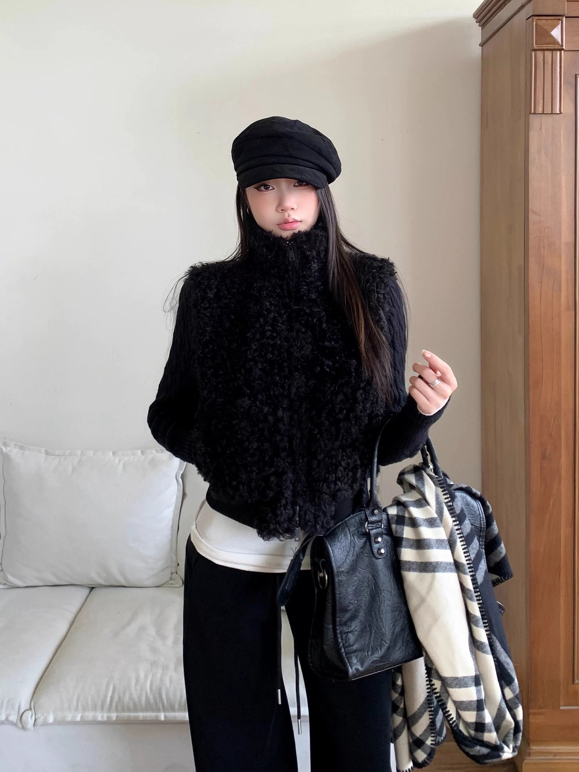 WITHMIN Low-rise Loose-fitting Fleece Straight-leg Wide-leg Pants