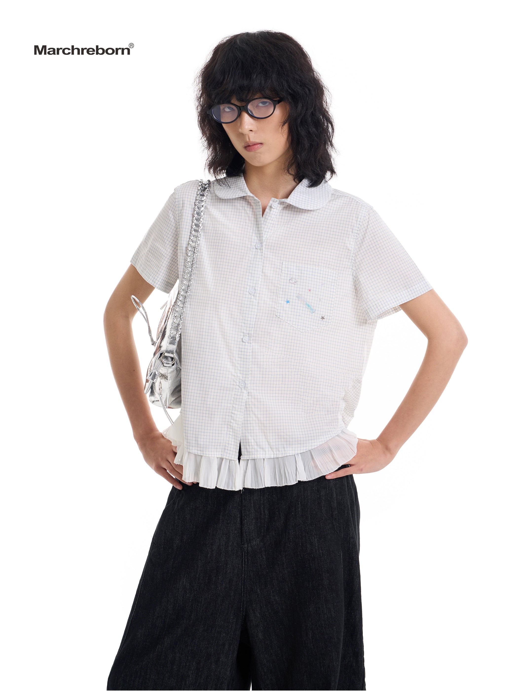 March College Vintage Checked Irregular Lace Short Sleeve Shirt