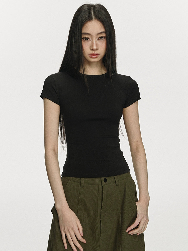 Anna Aneae Straight Shoulder Simple and Versatile Crew Neck Slim Fit Tee