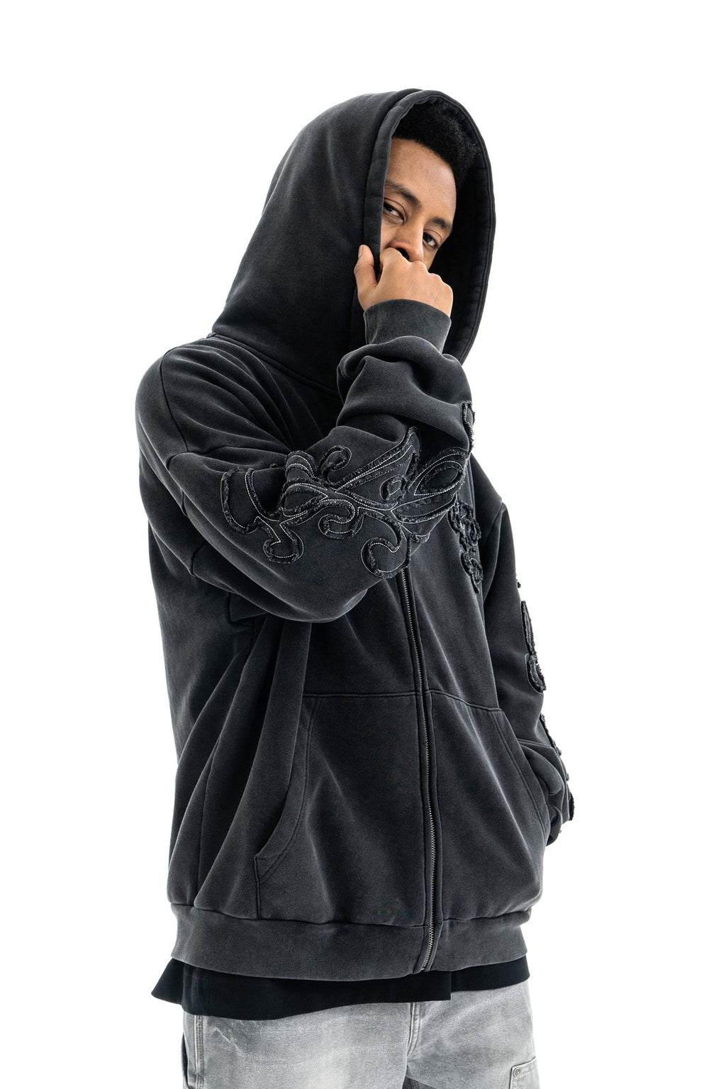 SUPER WAY Vintage Embroidered Cardigan Fleece Hooded Sweater