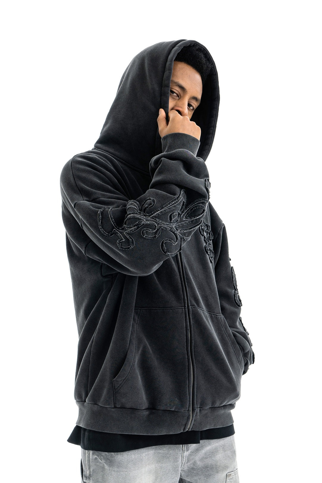 SUPER WAY Vintage Embroidered Cardigan Fleece Hooded Sweater