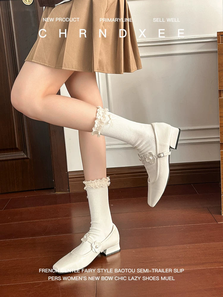 CHRNDXEE Flower Retro Soft Leather Thick Heel Light Mouth Single Shoes