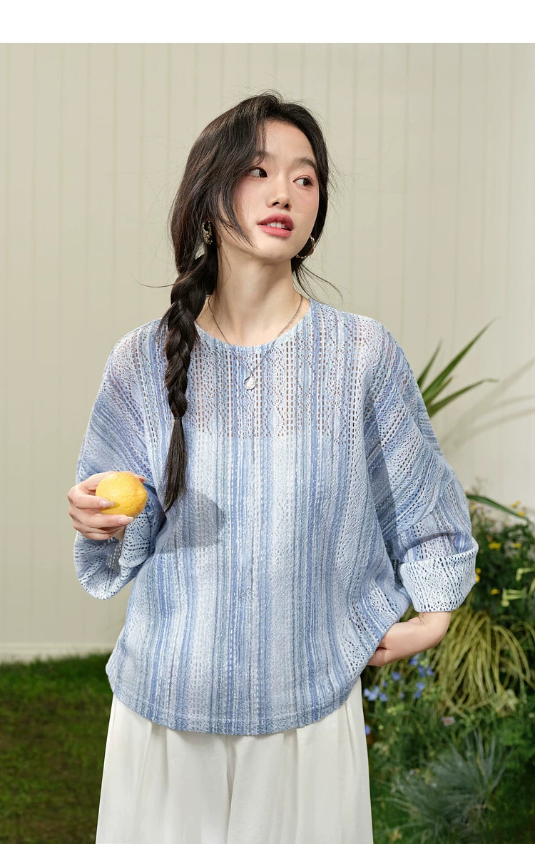 Kuose Striped Hollow Loose Long Sleeve Shirt