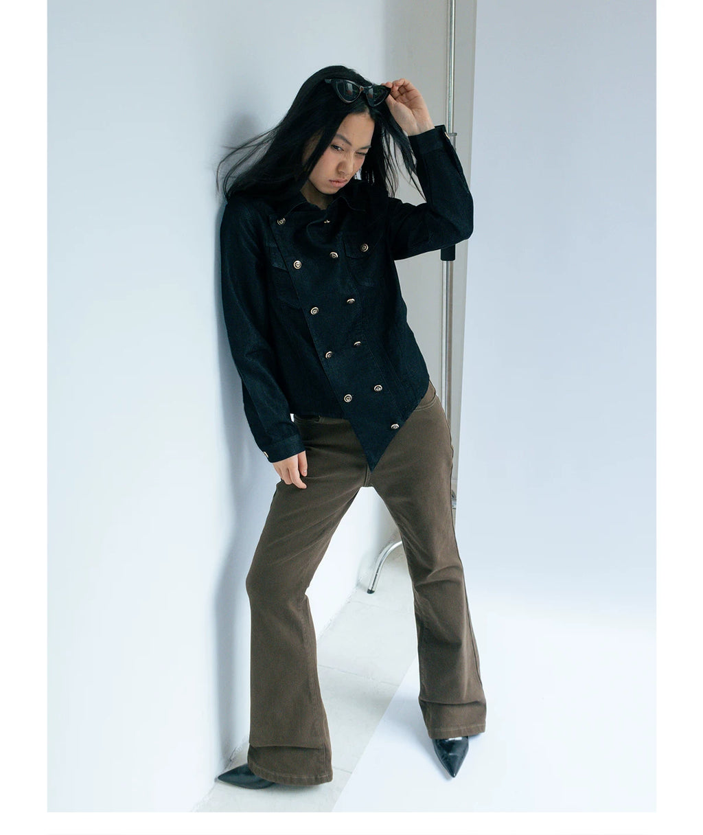 FUNKYFUN Straight Shoulder Thin Soft Denim Double-breasted Jacket