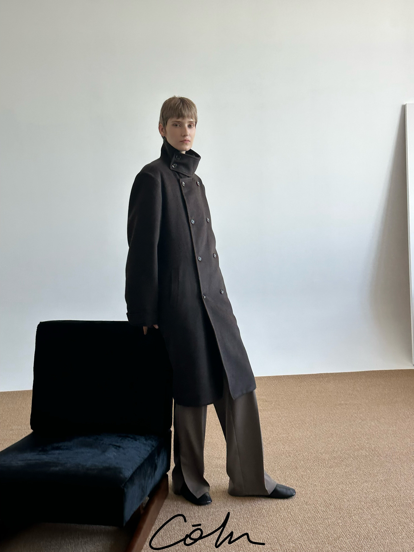 COLN Wool Double-breasted Stand-up Coat