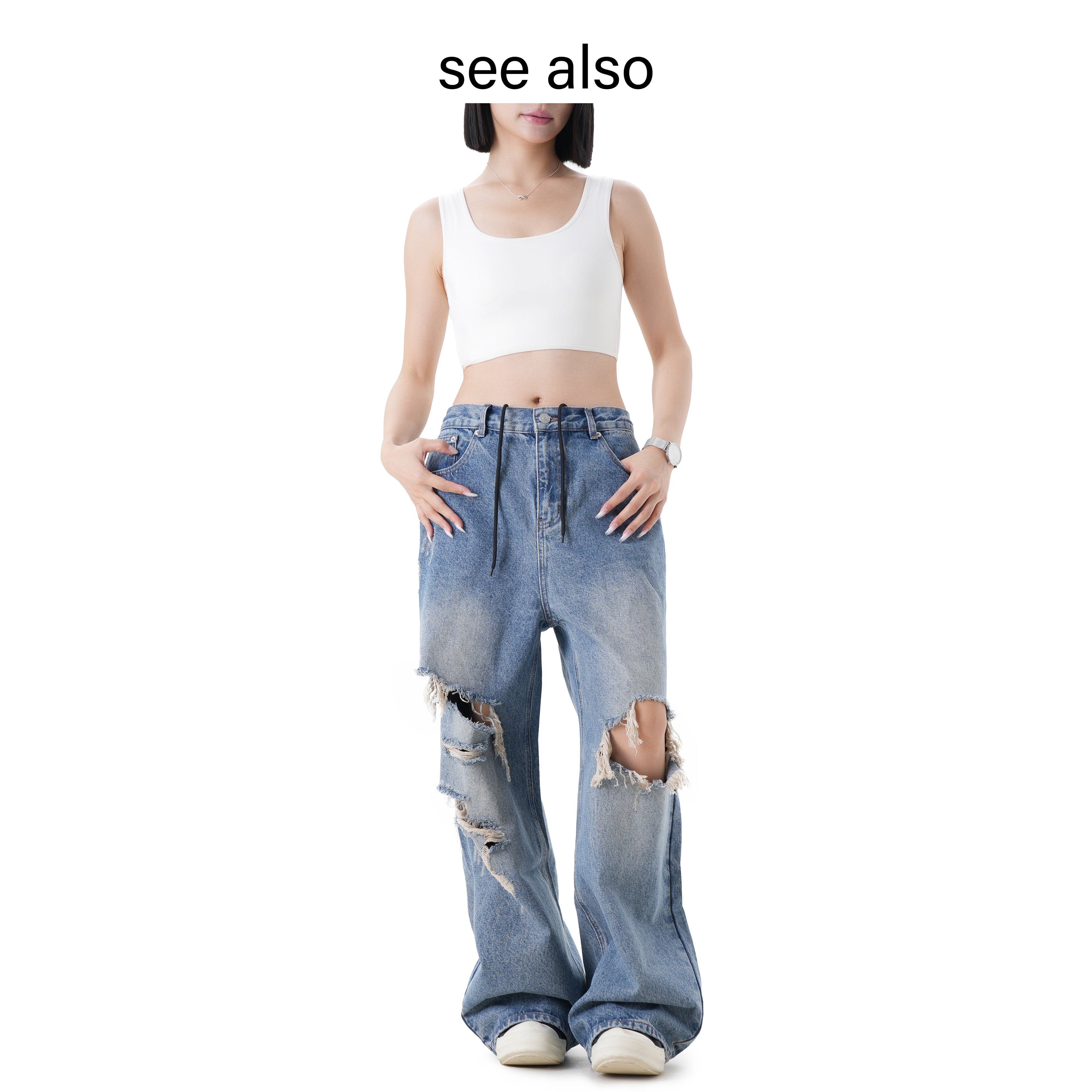 SEE ALSO ripped stitching loose washed wide leg jeans