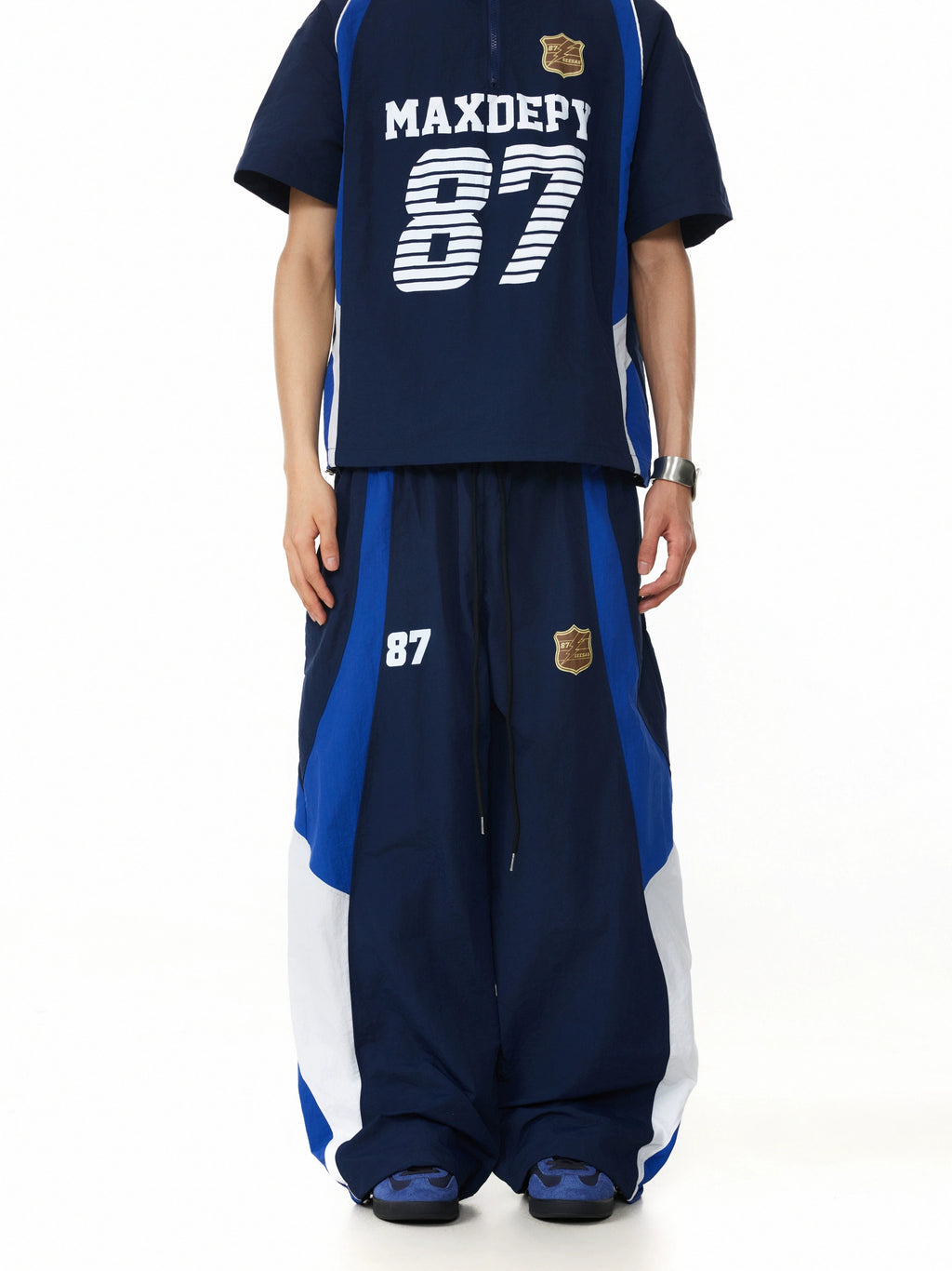 BTSG American retro badge contrasting color splicing elastic waist Pants