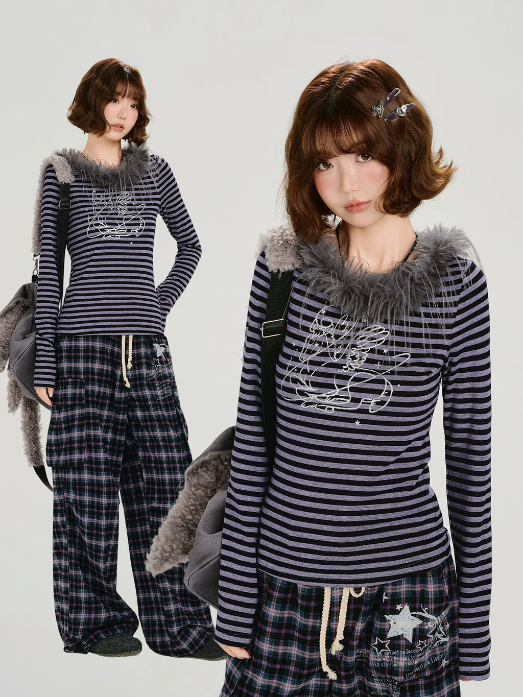 Girlyhalo Vintage Fur Collar Embroidered Striped Slim Sleeve