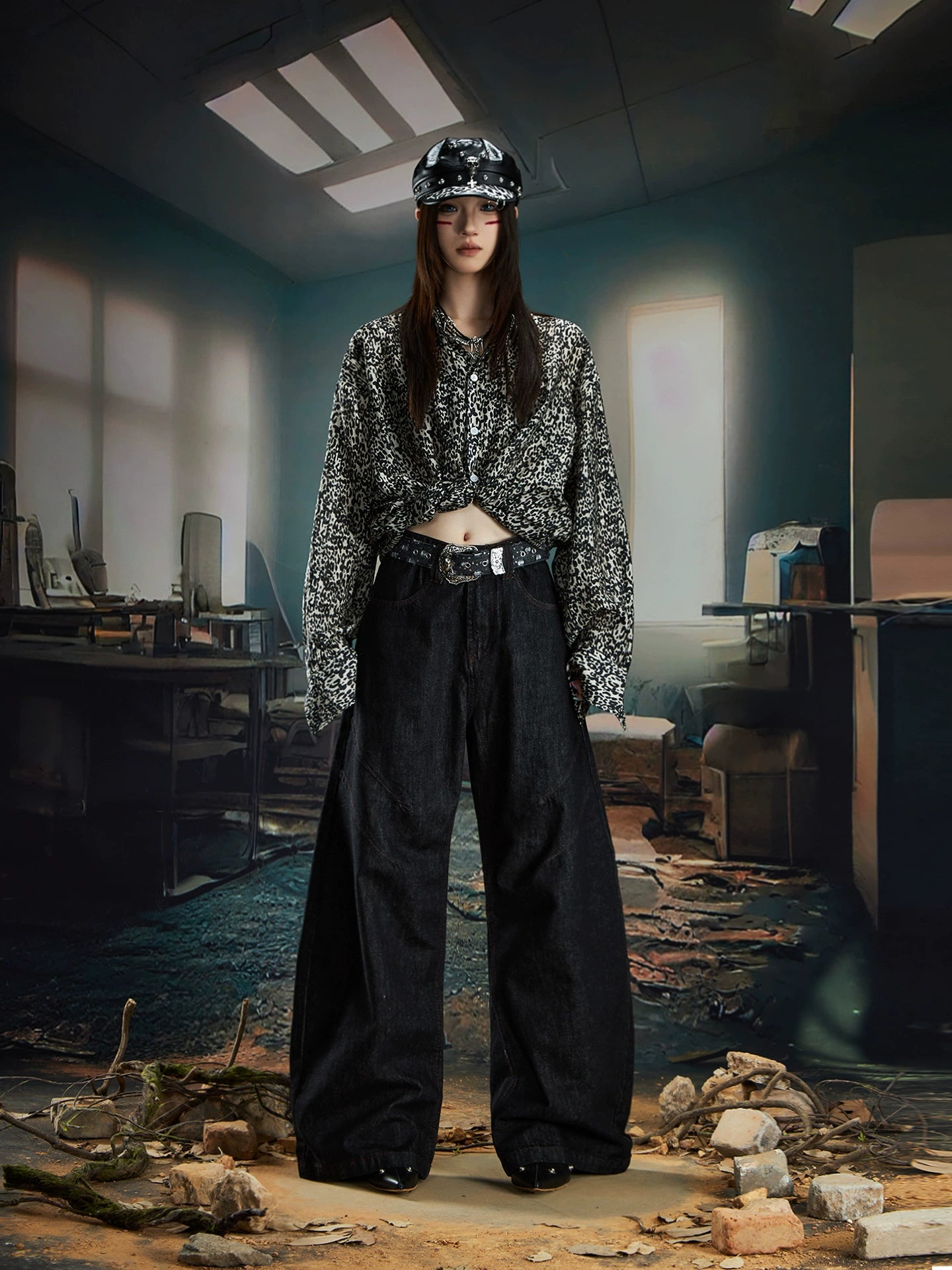 NOMANIAI Versatile Bright Line Loose Wide-leg Scimitar Jeans